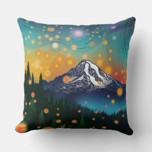 Mt. Rainier w Evening Starry Sky and Fireflies Cushion