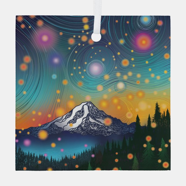Mt. Rainier w Evening Starry Sky and Fireflies Glass Tree Decoration (Back)
