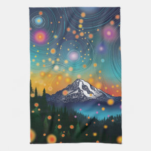 Mt. Rainier w Evening Starry Sky and Fireflies Tea Towel