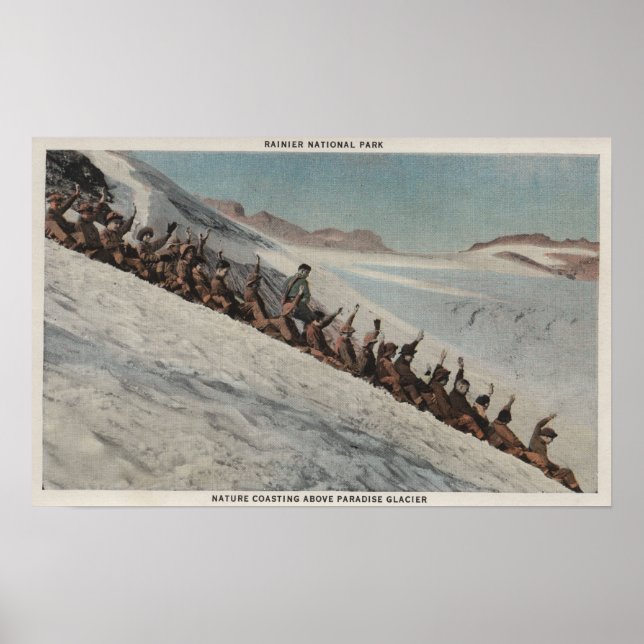 Mt. Rainier, WA - Line of People Sledding in Poster (Front)