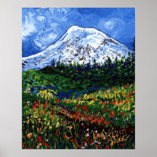 Mt Rainier with Flowers Poster