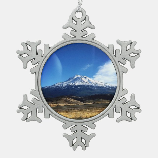 Mt. Shasta, CA Snowflake Pewter Christmas Ornament (Front)