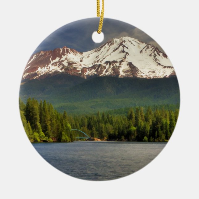 MT SHASTA FROM LAKE SISKIYOU CERAMIC TREE DECORATION (Front)