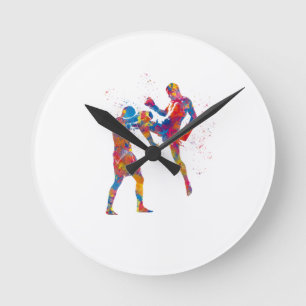 Muay thai fighter in watercolor round clock