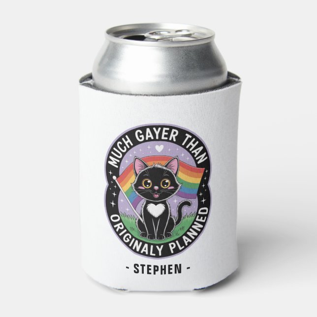 Much Gayer – Funny Cute Black Cat LGBTQ Pride Can Cooler (Can Front)