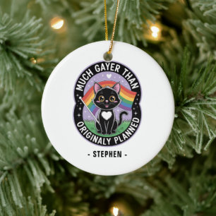 Much Gayer – Funny Cute Black Cat LGBTQ Pride Ceramic Tree Decoration