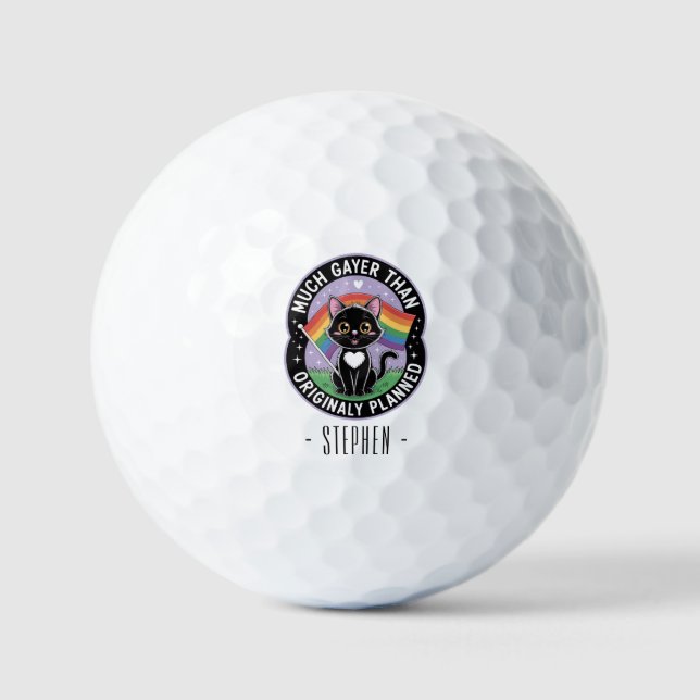 Much Gayer – Funny Cute Black Cat LGBTQ Pride Golf Balls (Front)
