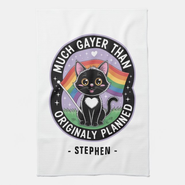 Much Gayer – Funny Cute Black Cat LGBTQ Pride Tea Towel (Vertical)