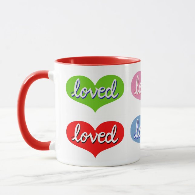 MUCH LOVED - Adored - Coloured love hearts Mug (Left)