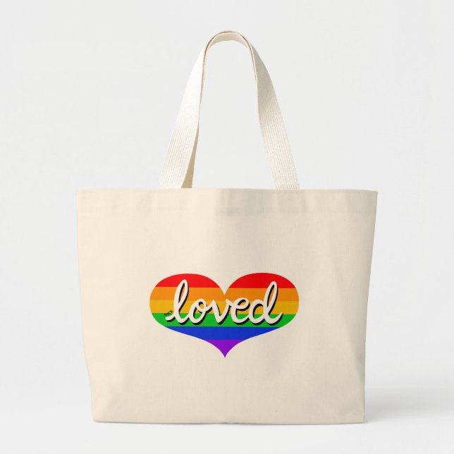 MUCH LOVED  - Adored - Rainbow  love heart Large Tote Bag (Front)