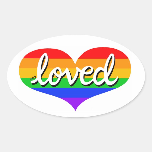 MUCH LOVED -Adored - Rainbow love heart Oval Sticker (Front)
