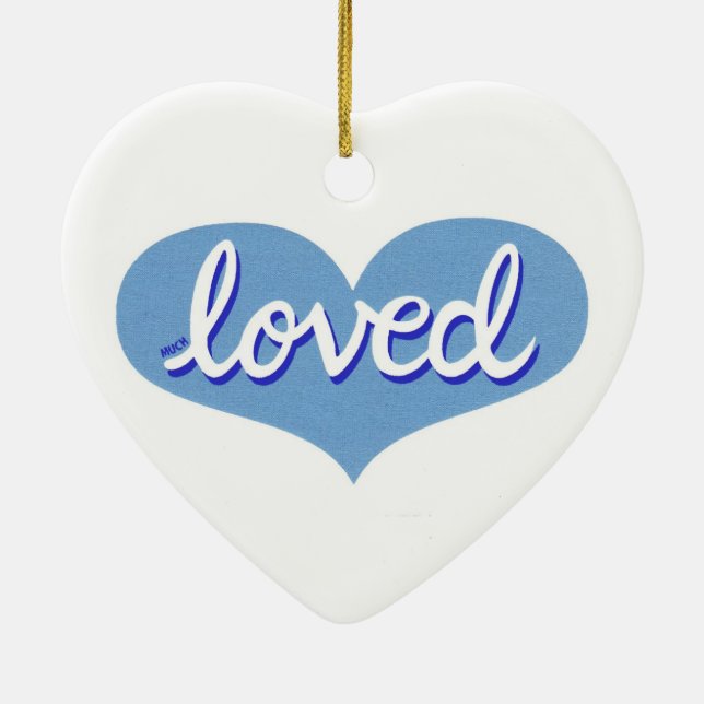 MUCH LOVED - Blue love heart Ceramic Tree Decoration (Back)