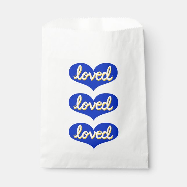 MUCH LOVED -Blue love hearts Favour Bags (Front)