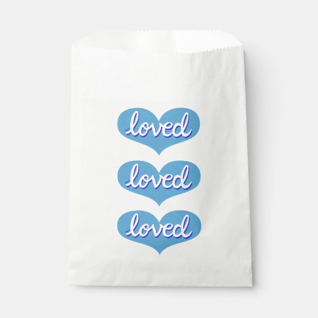 MUCH LOVED -Blue love hearts Favour Bags (Front)