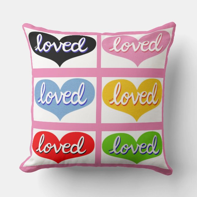 MUCH LOVED-  Multi-coloured love hearts- girl Cushion (Front)