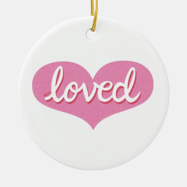 MUCH LOVED - Pink love heart Ceramic Tree Decoration (Front)