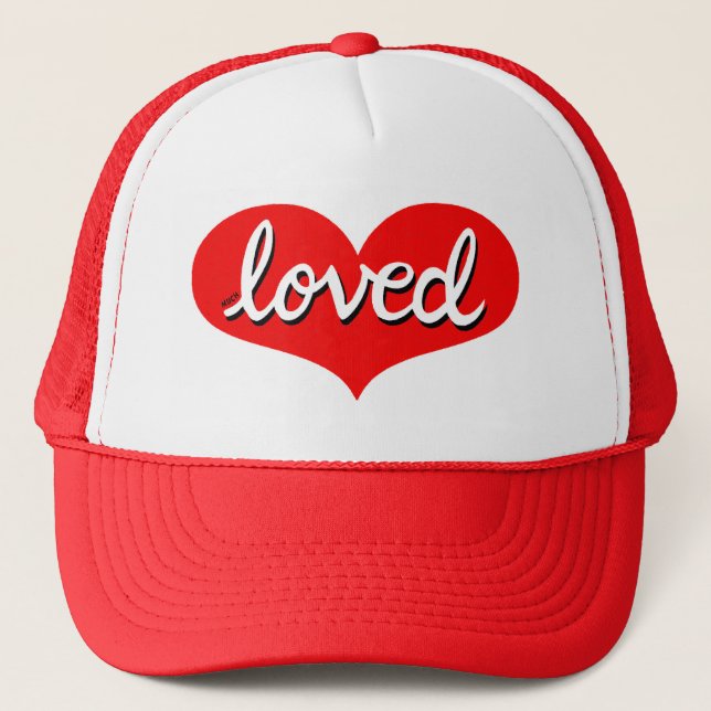 MUCH LOVED - Red love heart Trucker Hat (Front)