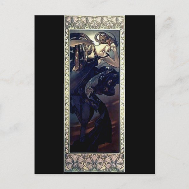 mucha art deco night star black dress woman postcard (Front)