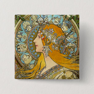 Mucha Art Nouveau Button -  Zodiac  - La Plume