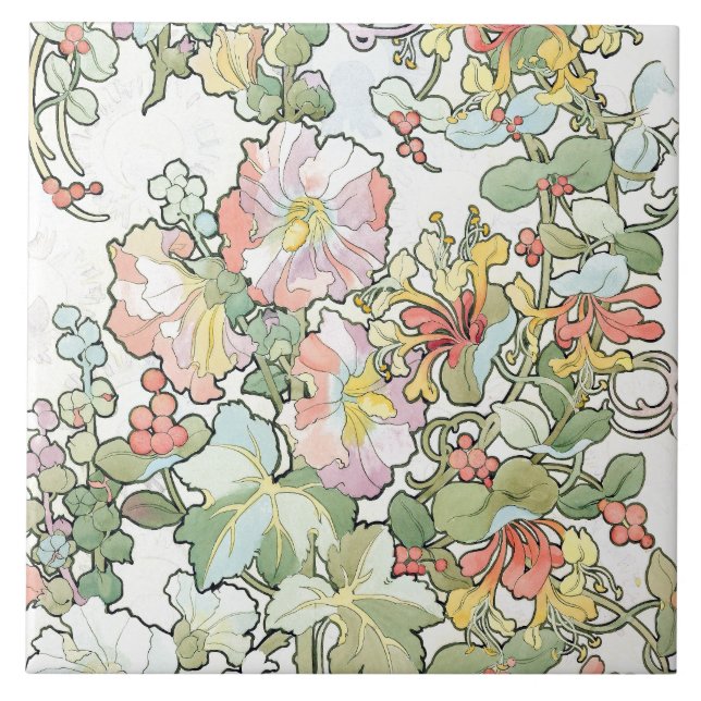 Mucha Art Nouveau Hollyhocks Floral Tile (Front)