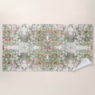 Mucha Art Nouveau Honeysuckle Hollyhock Floral Beach Towel