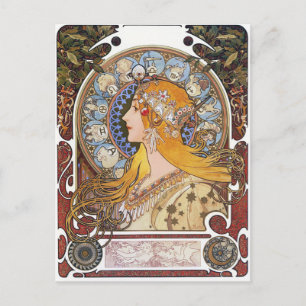 Mucha Art Nouveau Postcard -  Zodiac  - La Plume