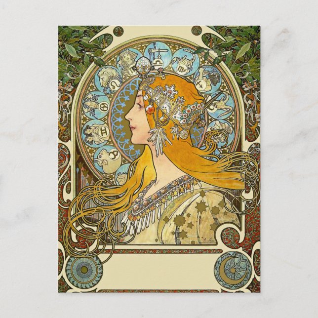 Mucha Art Nouveau Postcard -  Zodiac  - La Plume (Front)