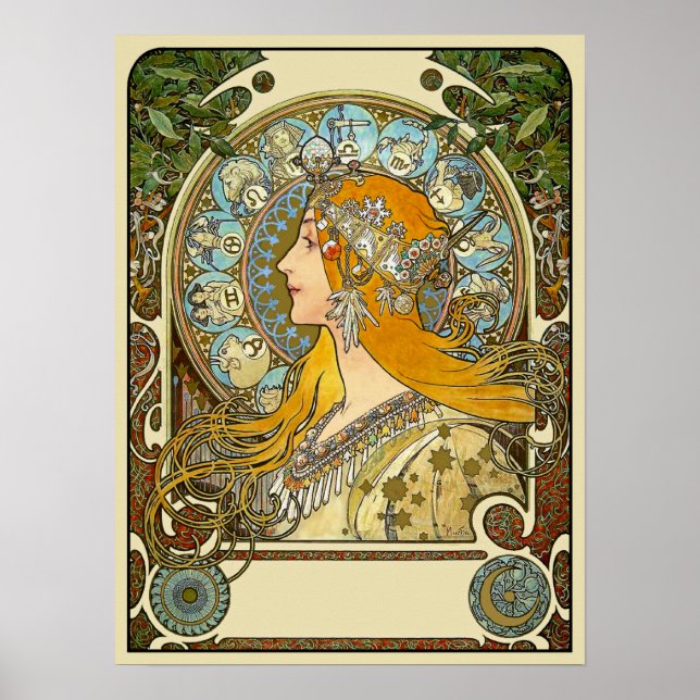 Mucha Art Nouveau Poster -  Zodiac  - La Plume (Front)