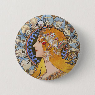 Mucha Art Nouveau Poster -  Zodiac  - La Plume 6 Cm Round Badge
