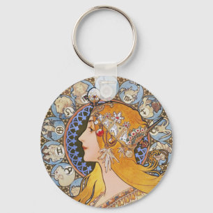 Mucha Art Nouveau Poster - Zodiac - La Plume Key Ring