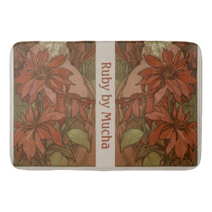 Mucha Art Nouveau Red Poinsettia Floral Pattern Bath Mat