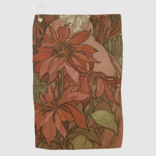 Mucha Art Nouveau Red Poinsettia Floral Pattern Golf Towel