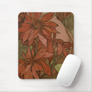 Mucha Art Nouveau Red Poinsettia Floral Pattern Mouse Mat