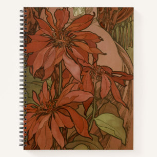 Mucha Art Nouveau Red Poinsettia Floral Pattern Notebook