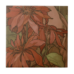 Mucha Art Nouveau Red Poinsettia Floral Pattern Tile