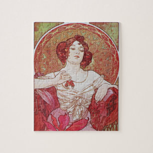 Mucha Art Nouveau Vintage Red Elegant  Ruby Lady Jigsaw Puzzle
