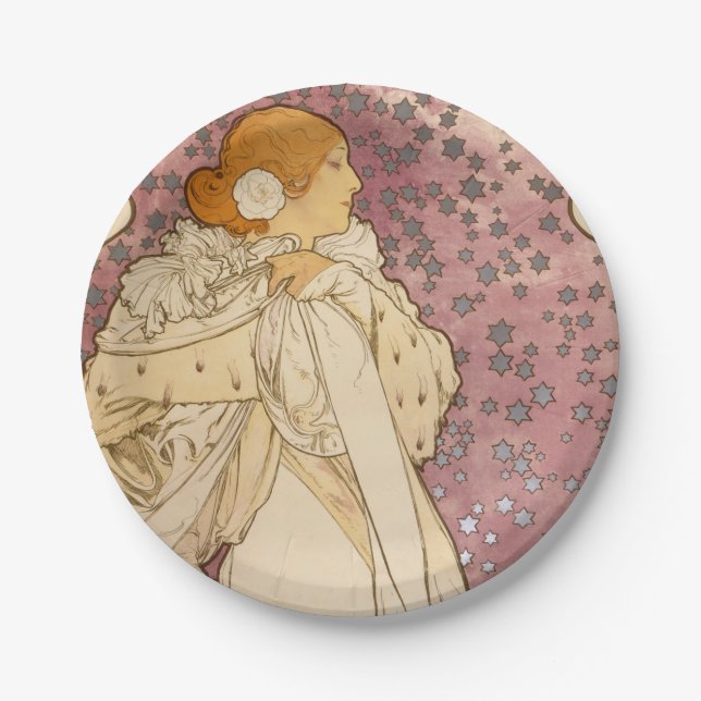 Mucha Art Nouveau Woman Beauty Paper Plate (Front)