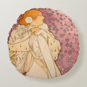Mucha Art Nouveau Woman Beauty Round Cushion