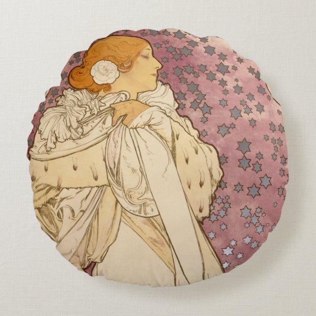Mucha Art Nouveau Woman Beauty Round Cushion (Front)