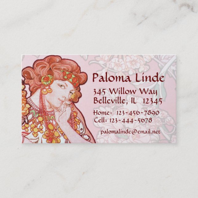 Mucha Art Nouveau Woman & Flowers Business Cards (Front)