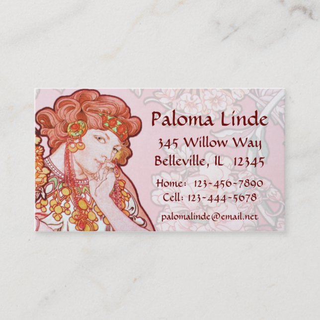 Mucha Art Nouveau Woman & Flowers Business Cards (Front)