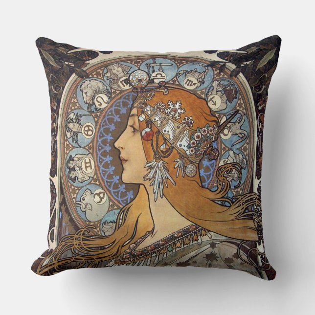 Mucha Art Nouveau Woman Vintage French Zodiac Cushion (Front)