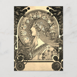 Mucha Art Nouveau Woman Vintage Zodiac La Pluma  Invitation Postcard
