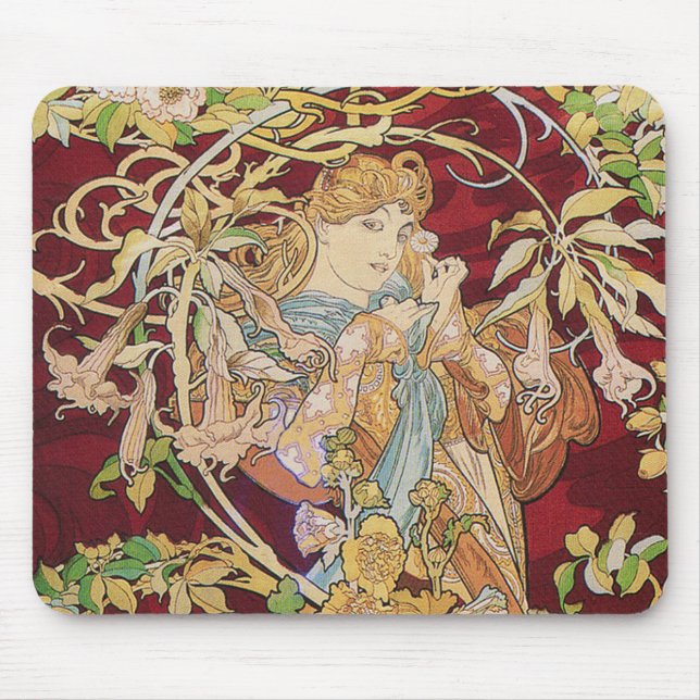 Mucha Art Nouveau: Woman With Daisy Mouse Mat (Front)