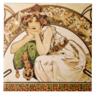 Mucha Cherry Blossoms and Cherries Tile