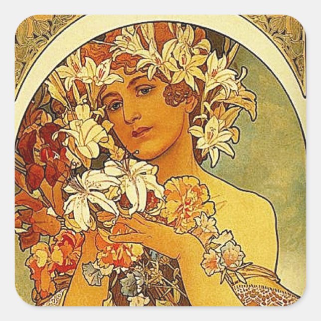 Mucha flowers square sticker (Front)