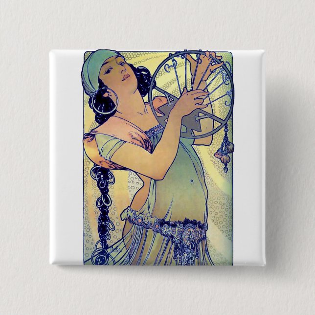 mucha gypsy tambourine dance music woman 15 cm square badge (Front)