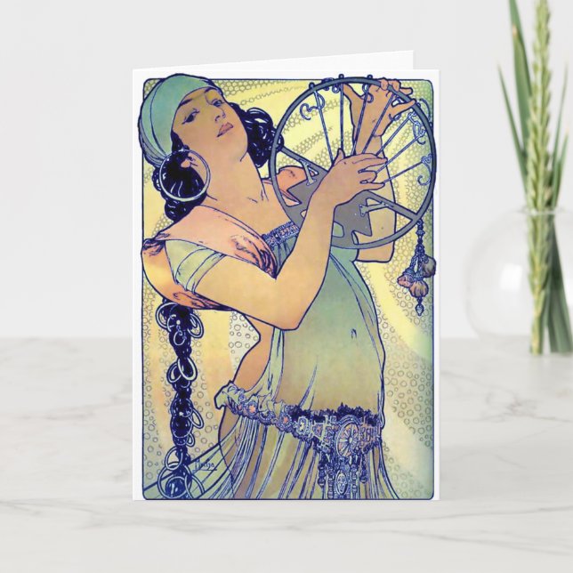 mucha gypsy tambourine dance music woman card (Front)