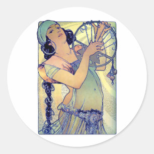 mucha gypsy tambourine dance music woman classic round sticker