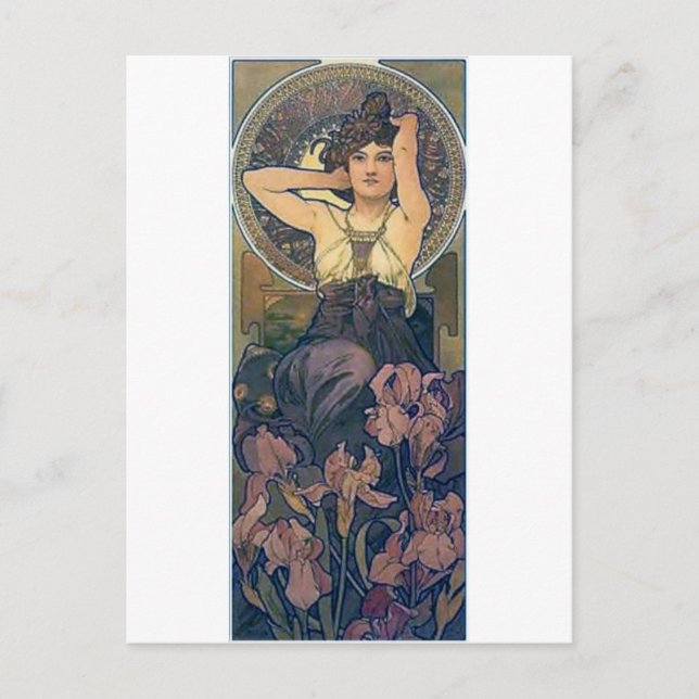 Mucha iris flowers woman art deco postcard (Front)